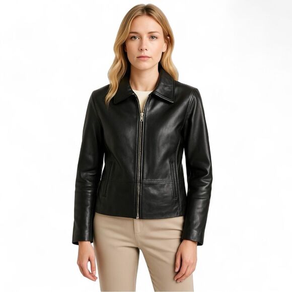 Nine West Black Genuine Leather Zip Jacket Small – Sleek Minimalist Classic